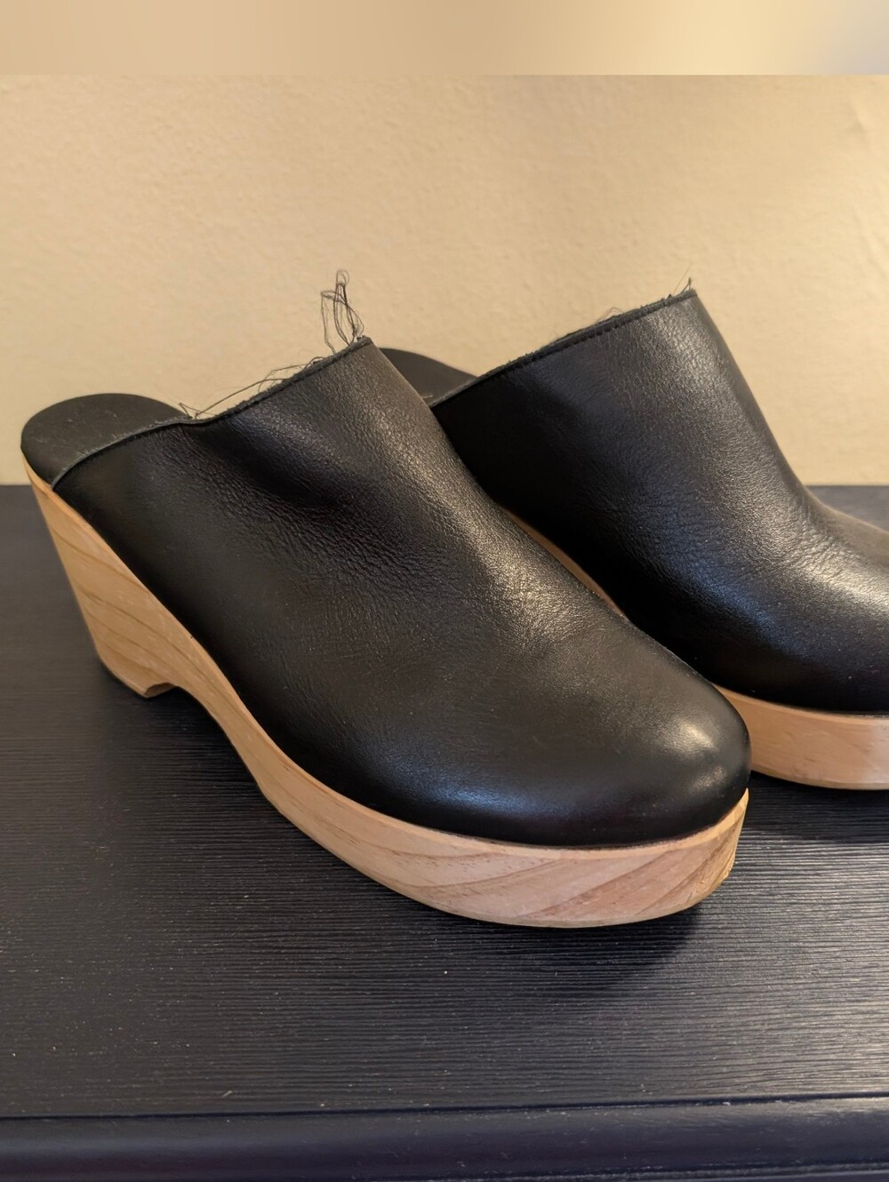 Anthropologie Black Leather Platform Clogs with Wood-Effect Sole Size 39